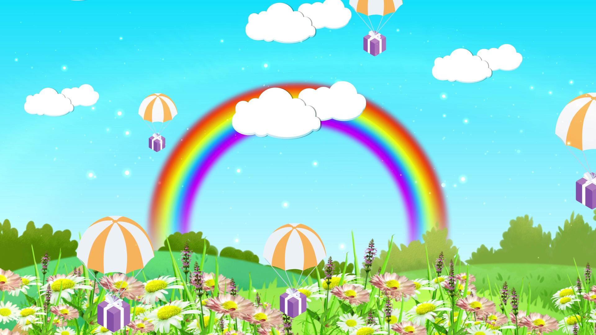 卡通旅游田野风车白云热气球儿童歌舞背景视频的预览图