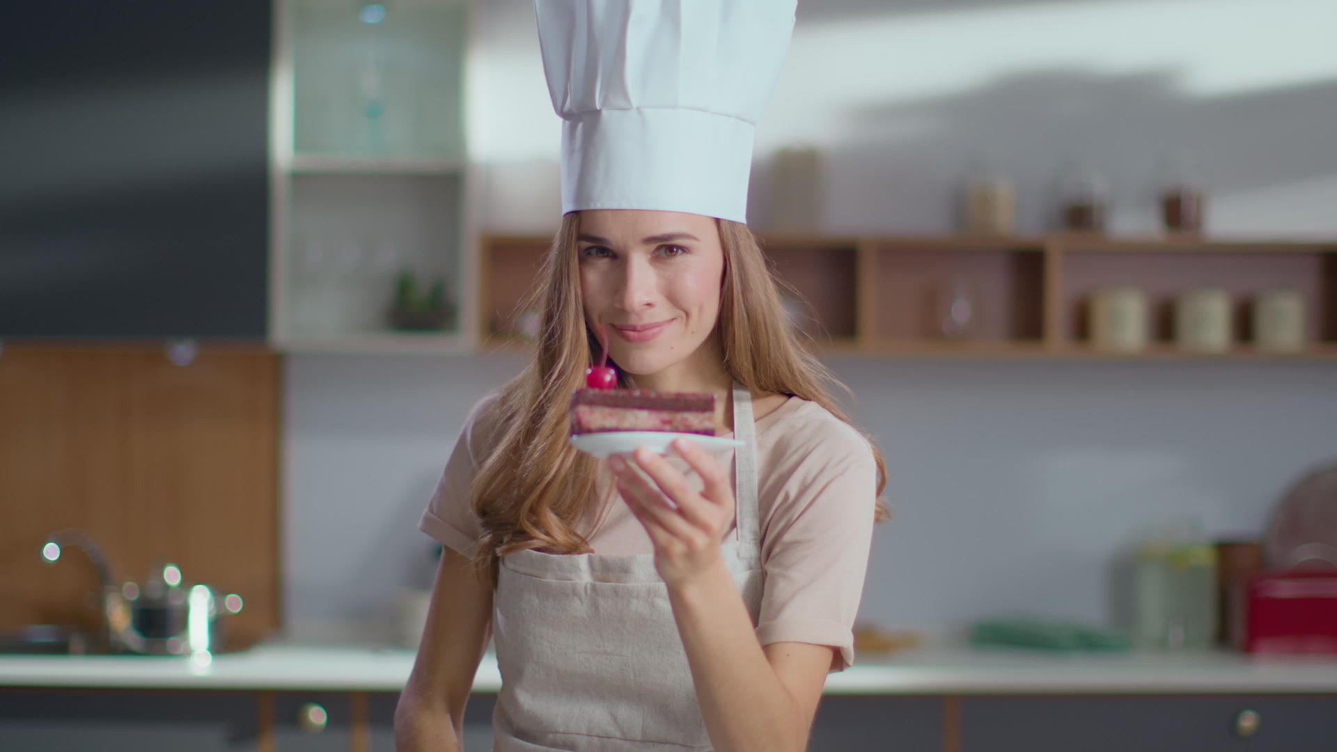 女厨师做巧克力蛋糕最后装饰工作视频的预览图