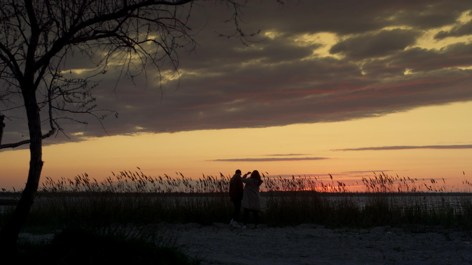 一对夫妇在日落的海滩上漫步在自然的海岸线上分享时间视频的预览图