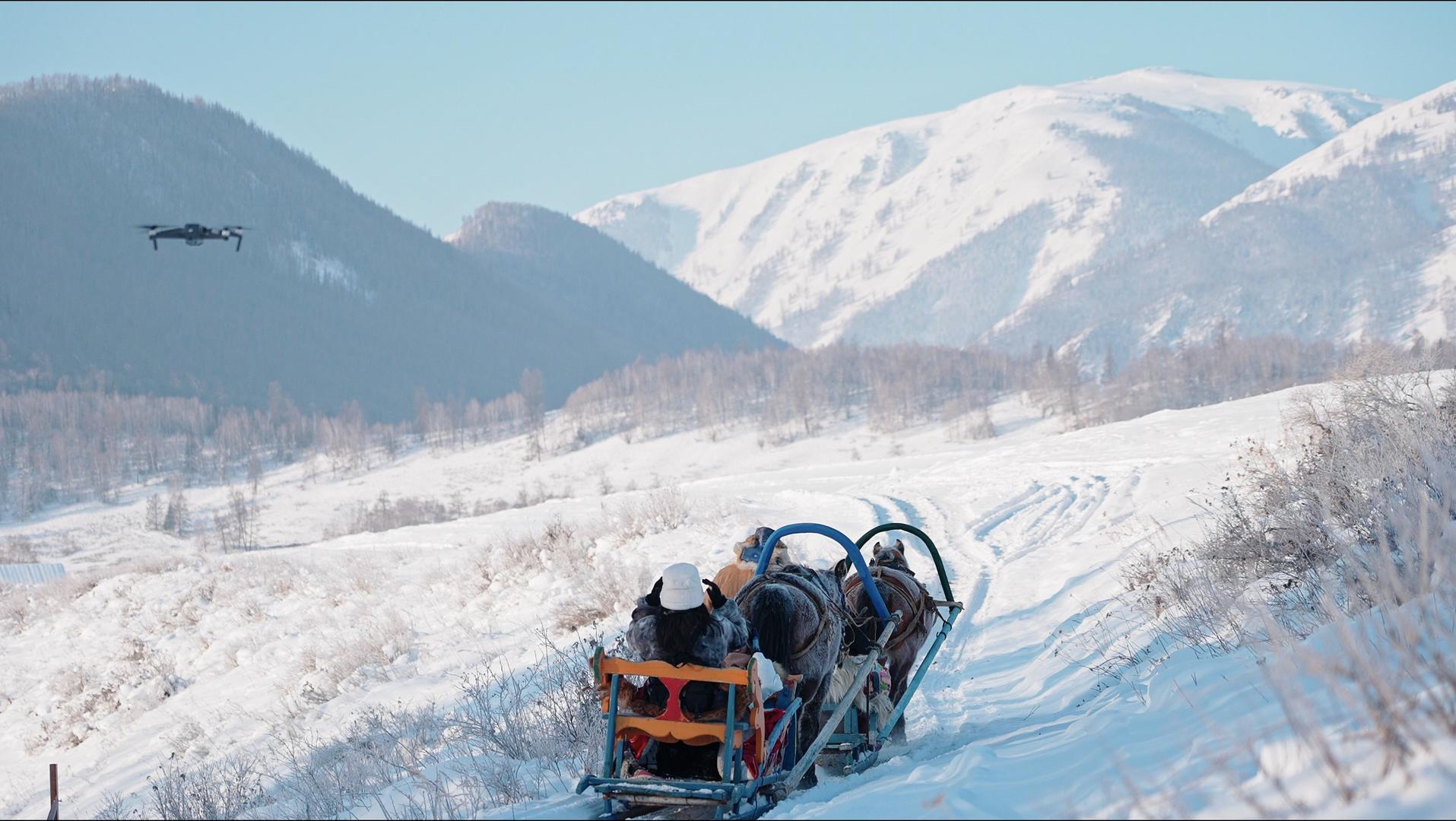 4K新疆雪地马拉着人滑雪视频的预览图