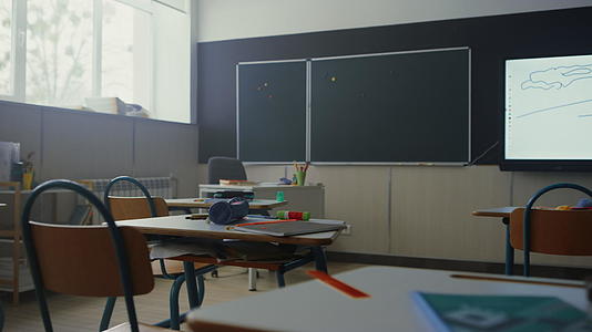 有黑板的学校教室有桌椅环境视频的预览图