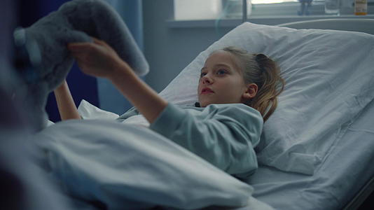 生病的女孩在诊所的床上玩毛绒玩具视频的预览图