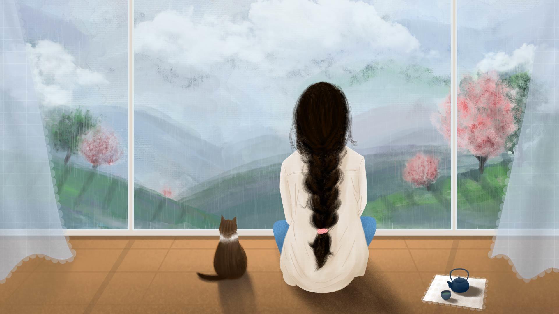 下雨天女孩与猫扁平化动画视频的预览图