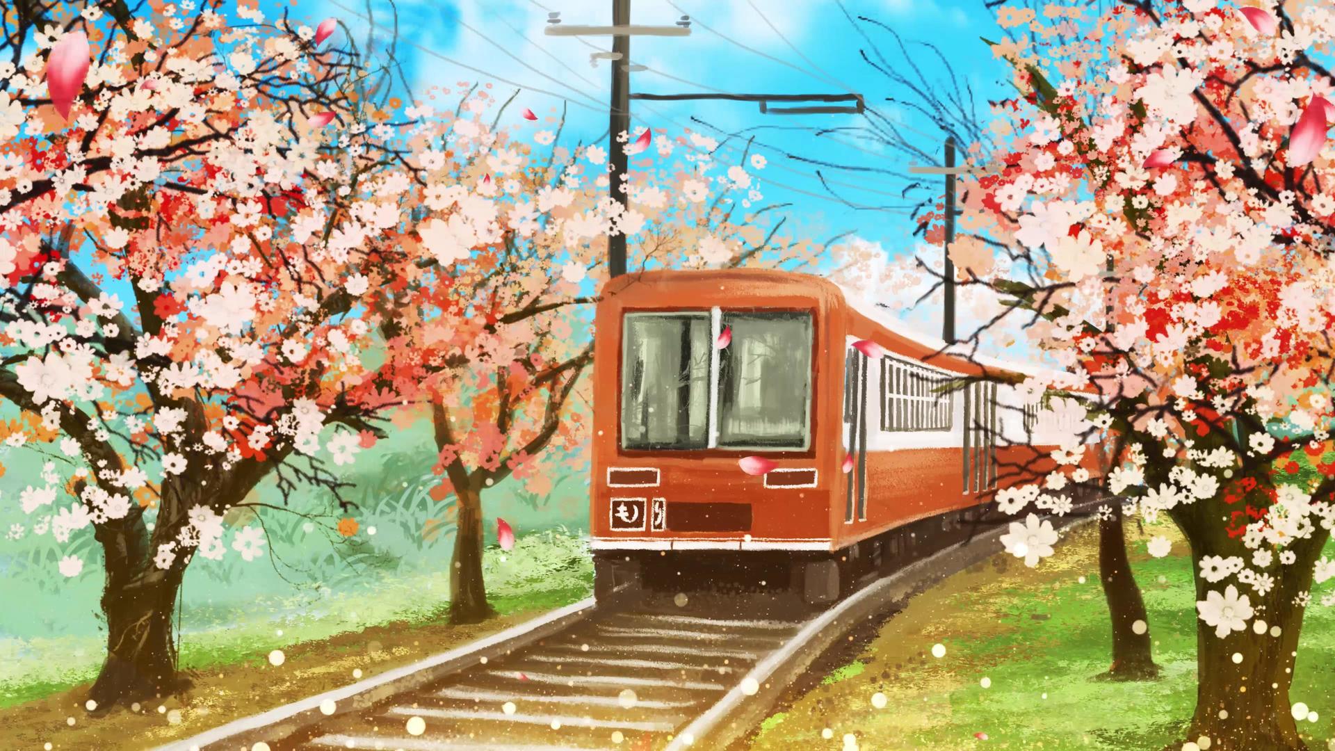 4K春天樱花列车背景视频视频的预览图