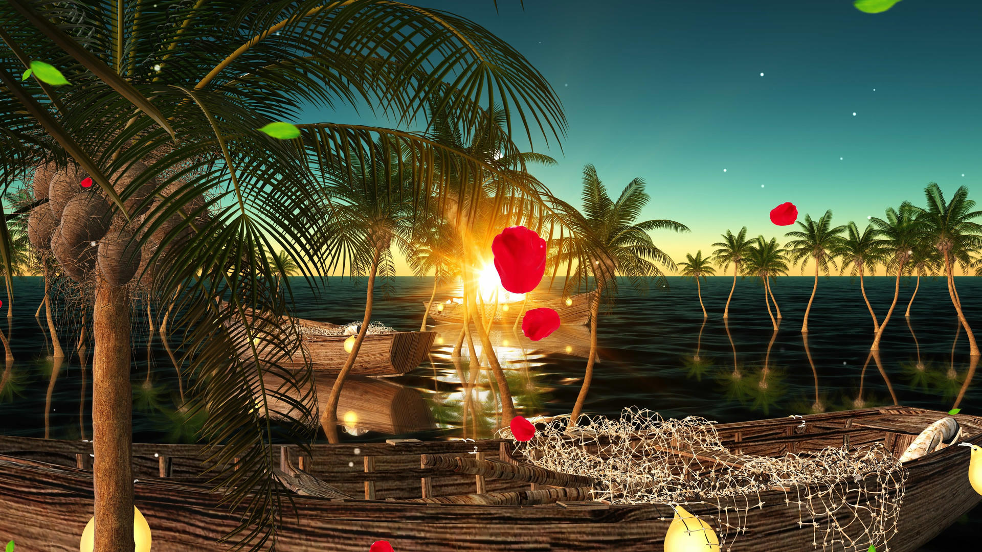 4K三维黄昏海边椰树背景视频的预览图