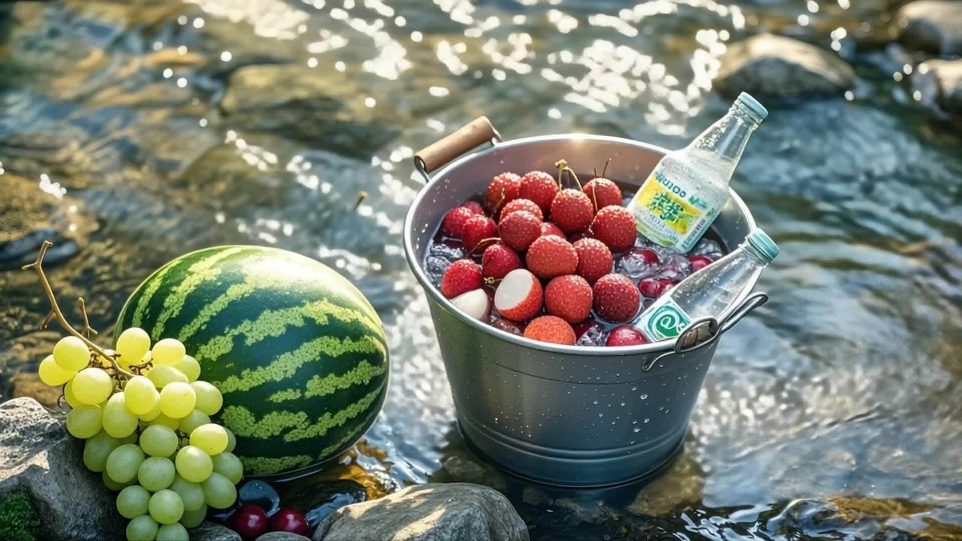 夏天小溪边冰镇桶里的西瓜荔枝水视频的预览图