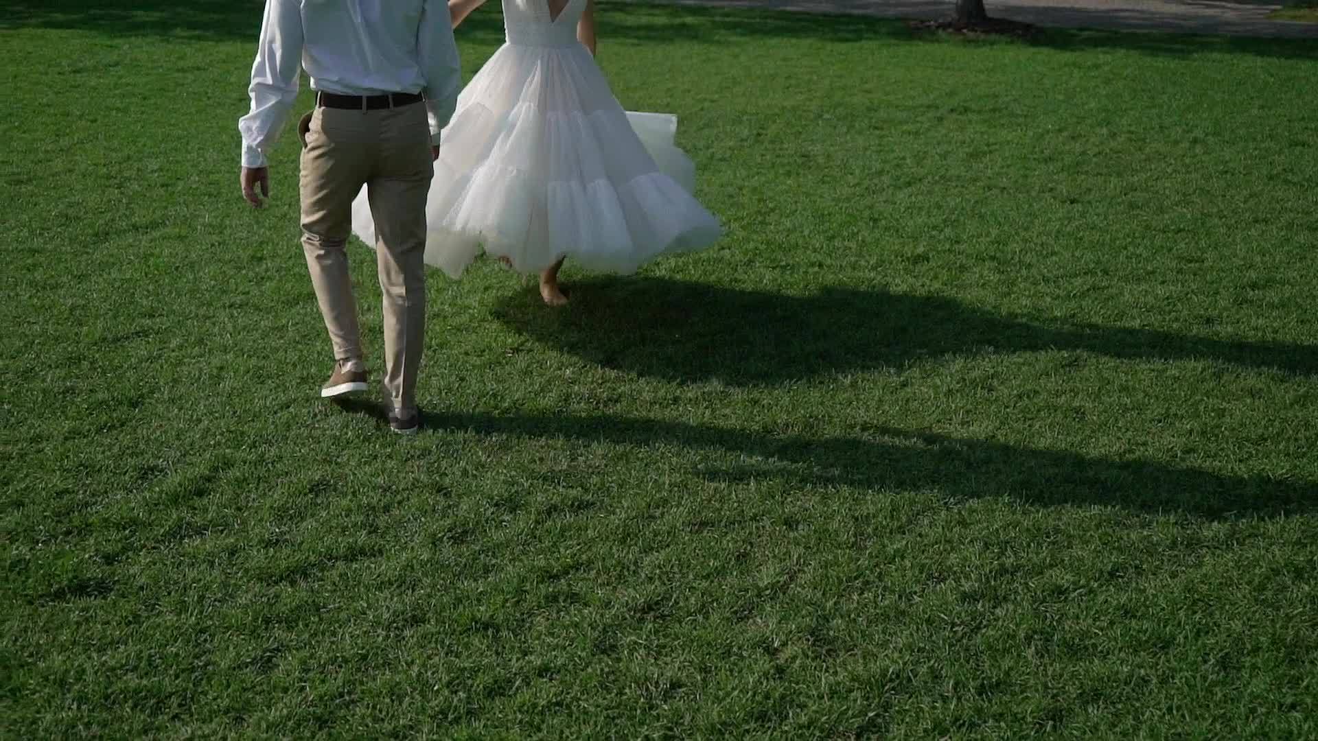 年轻的已婚夫妇在公园里散步夏天是新娘和新郎视频的预览图