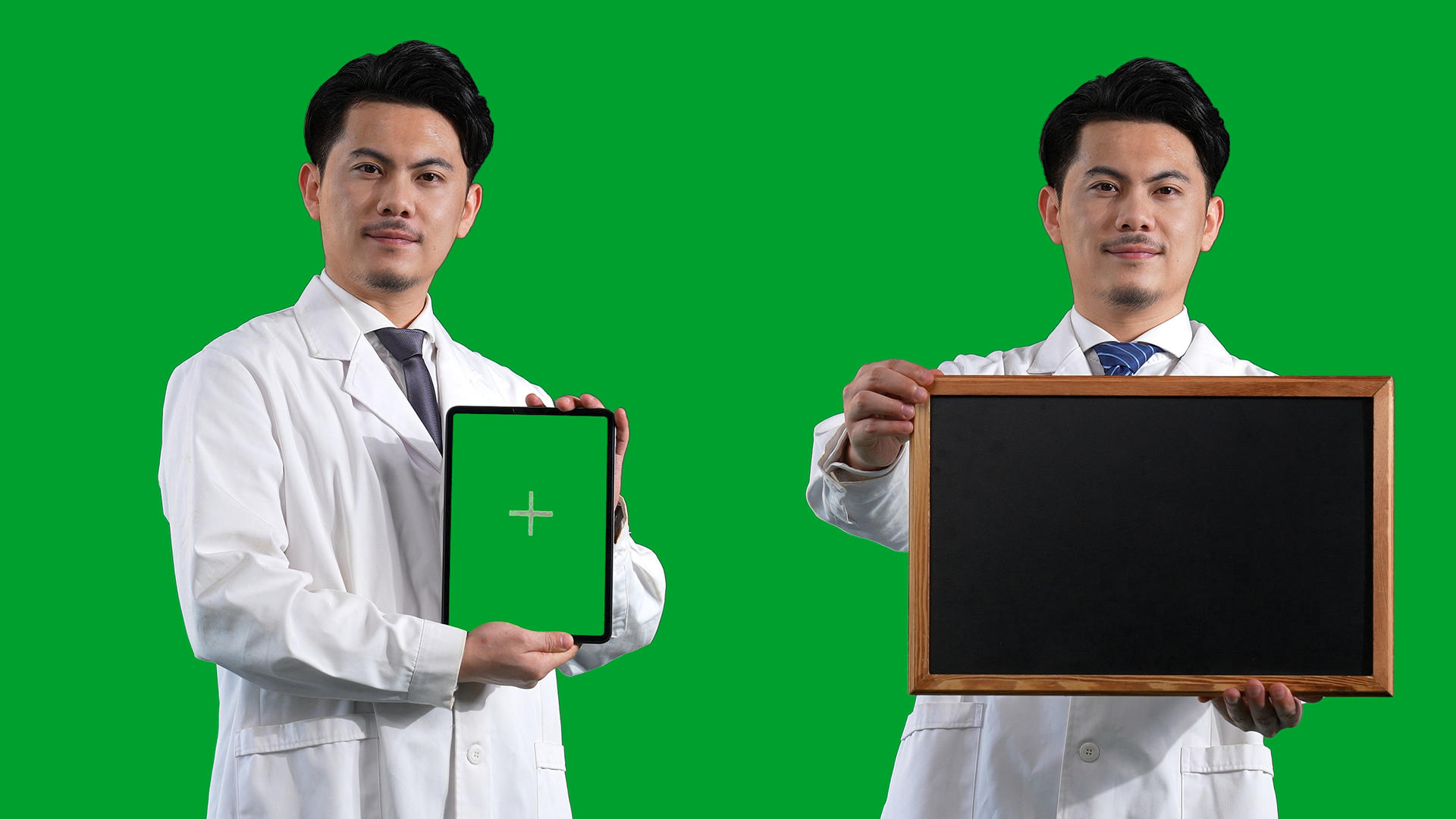 白大褂男医生展示电脑小黑板绿幕视频的预览图
