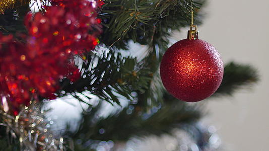 挂在树上的红色圣诞球 圣诞背景 云杉树的小玩意和树枝视频的预览图