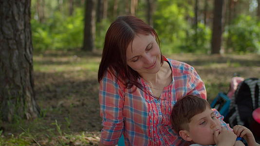 在夏季家庭露营期间两位母亲、两个儿子和西伯利亚哈士奇视频的预览图