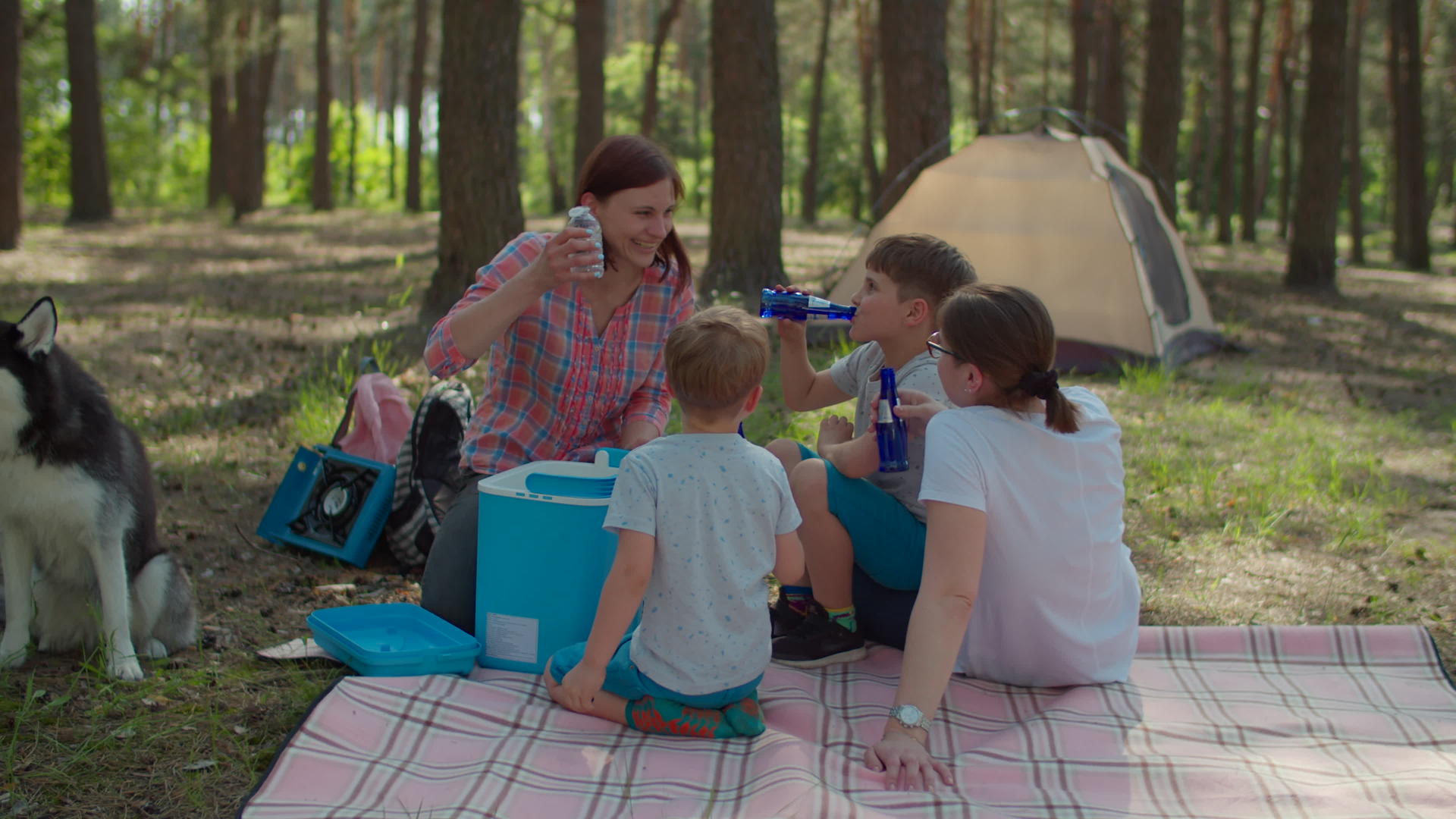 两个母亲和两个儿子在夏天的家庭露营视频的预览图