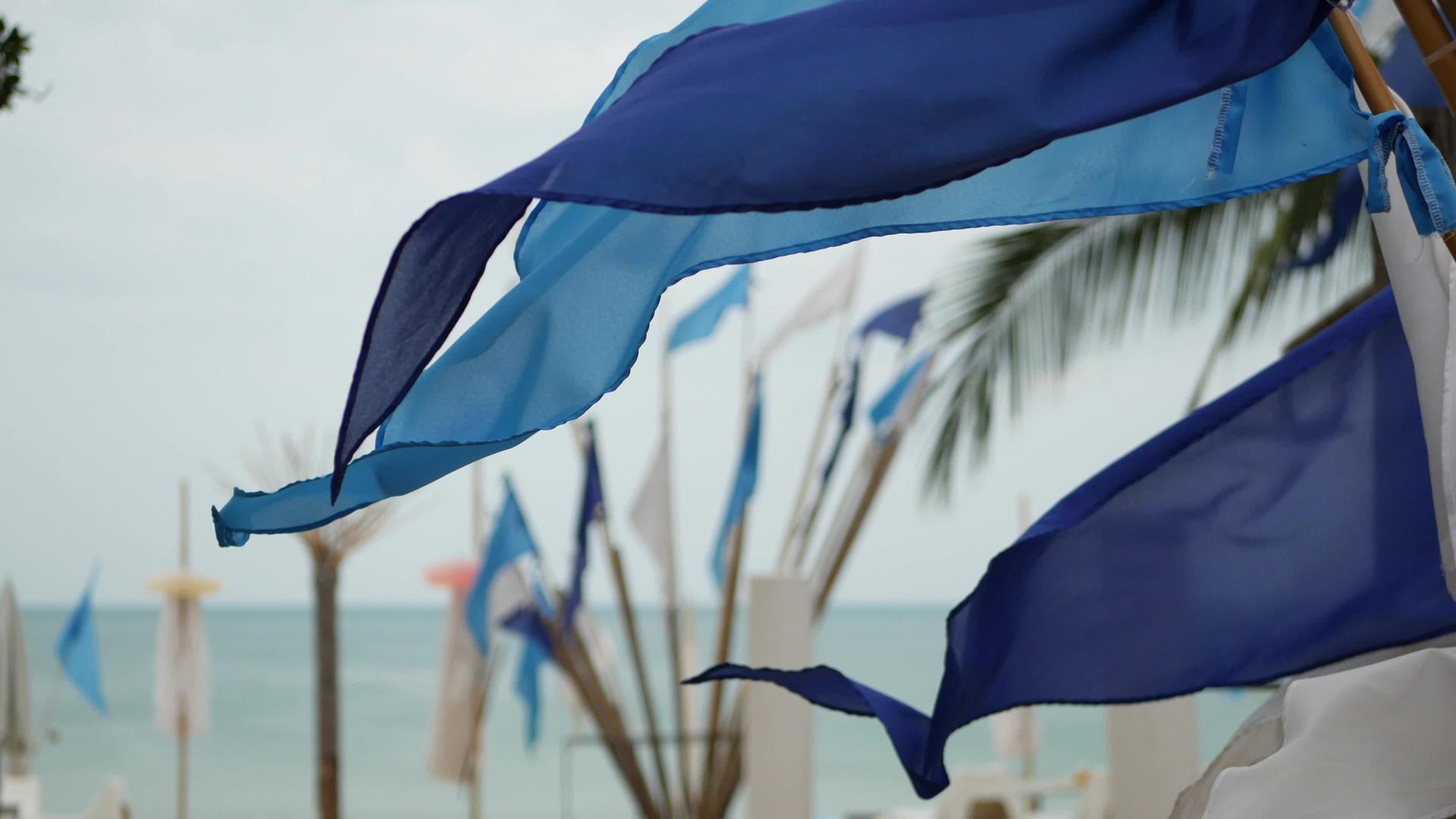 小三角蓝旗在热带海滩多云的天气中飘扬视频的预览图