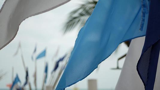 小三角蓝旗在热带海滩多云的天气中飘扬视频的预览图