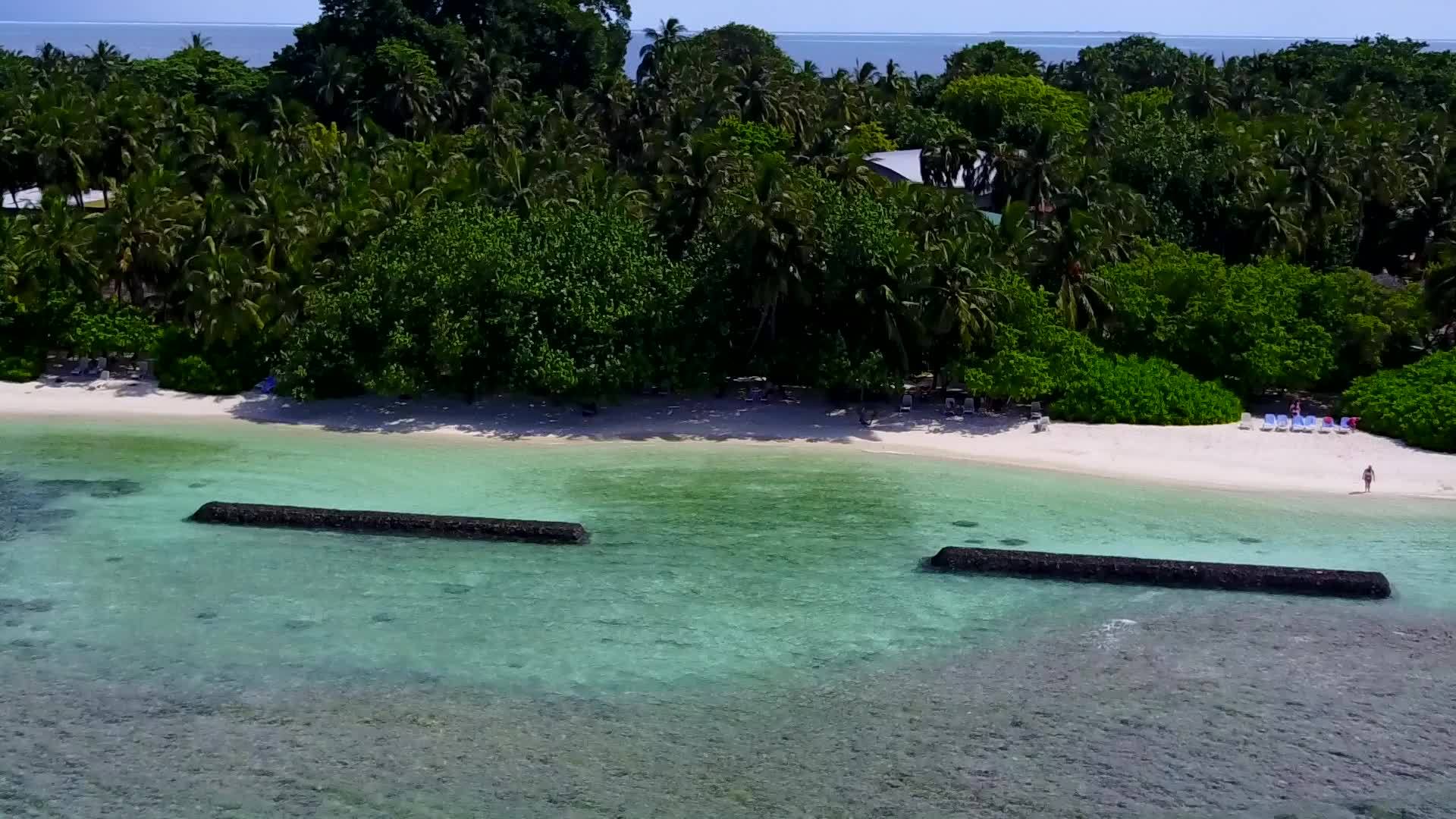 在蓝海和白沙的背景下热带海滩度假的空中无人机性质视频的预览图