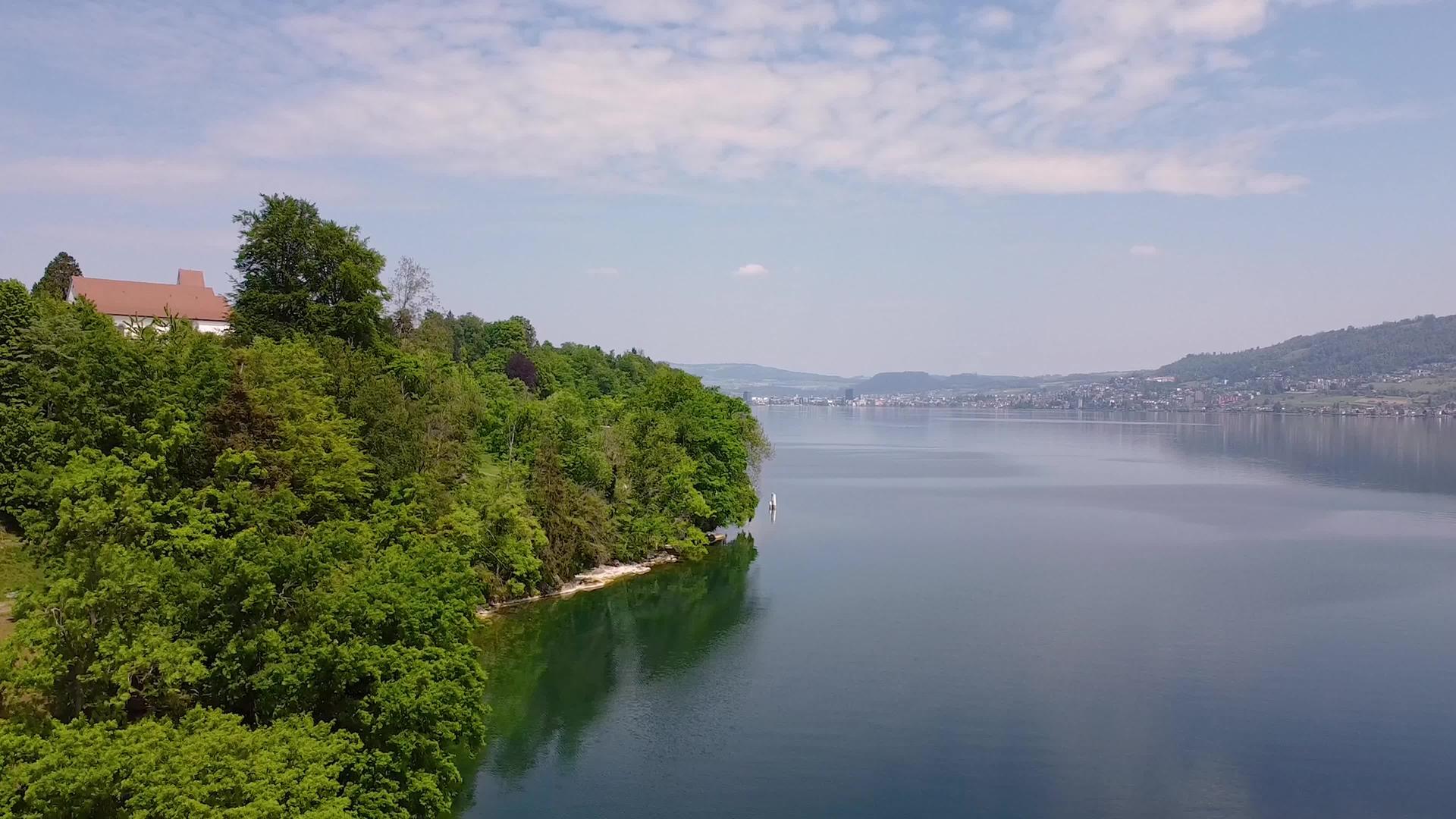 无人驾驶飞机用蓝水和绿树从上面拍摄湖泊zug视频的预览图