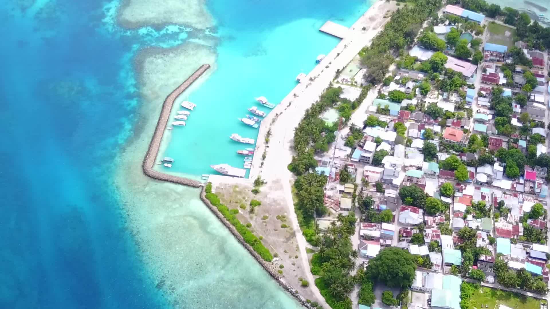 蓝水和明亮的沙质背景打破了热带海岸海滩的无人机景观视频的预览图