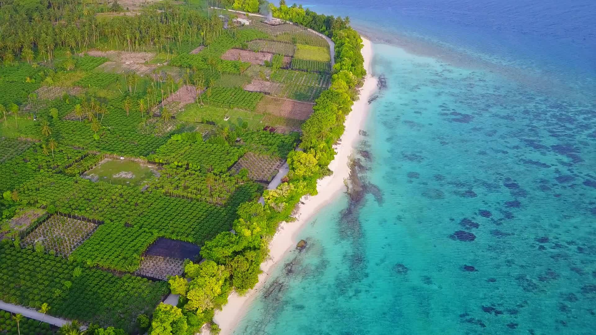 无人驾驶以蓝环礁湖和白色沙沙为背景在宁静的海滩度假视频的预览图