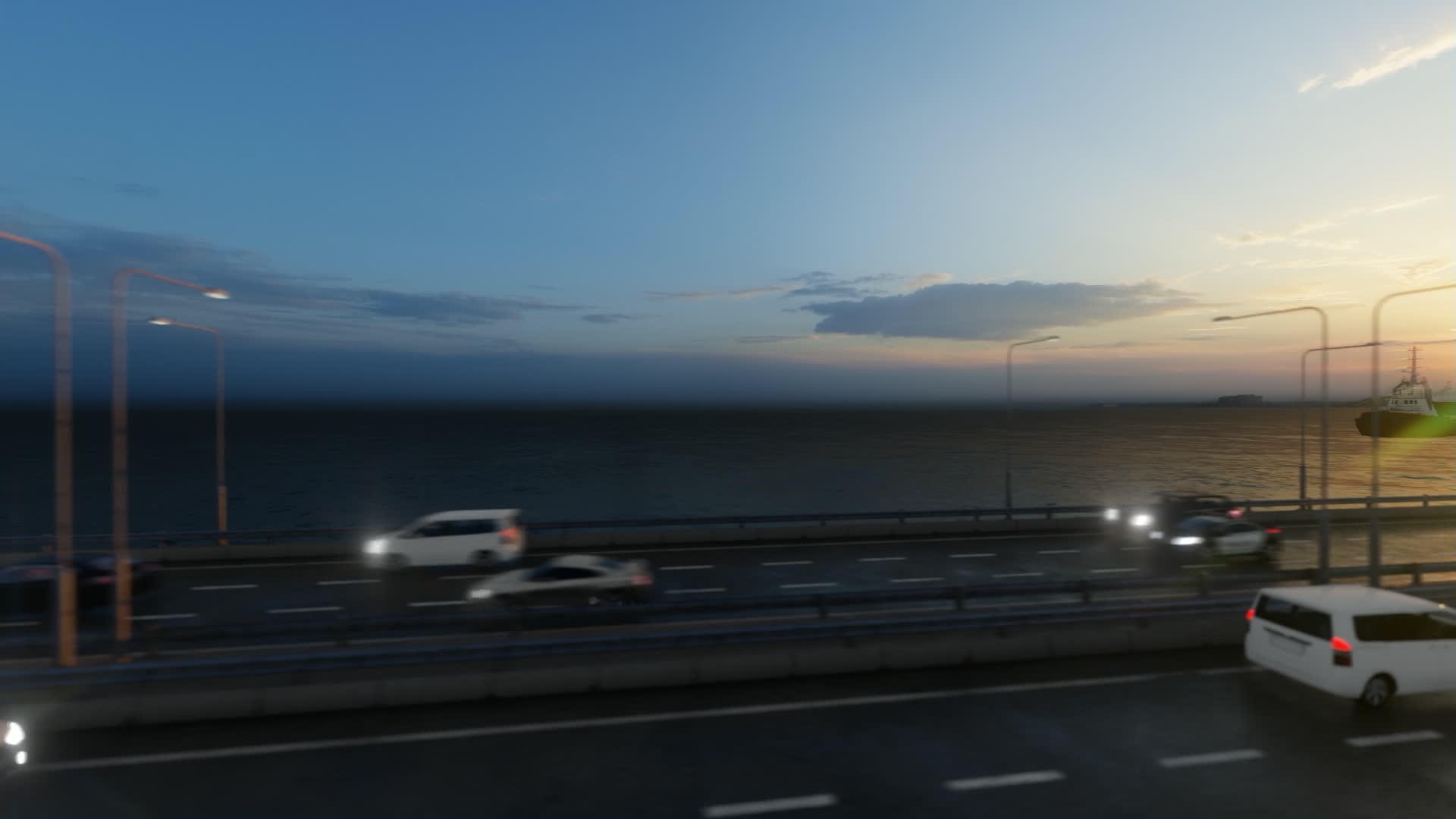 日落时夜城环绕着水的道路在空中飞行视频的预览图