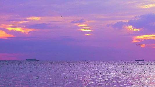 紫色的日落黑暗的红色天空鸟儿在海面上飞翔货船停泊视频的预览图