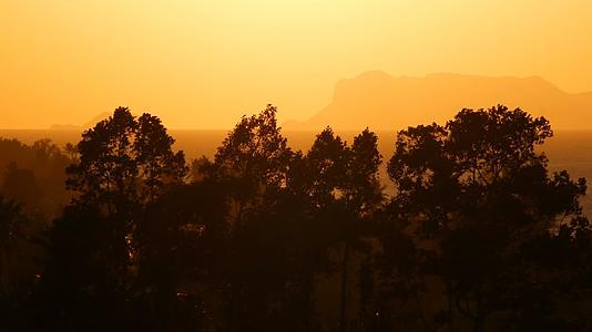 在夕阳的烟雾中红树林与金色的山景相对视频的预览图