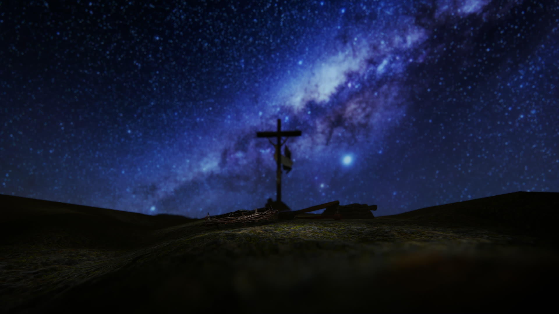 耶稣基督用锤子和绳子钉在银河星空上直到他被钉死视频的预览图
