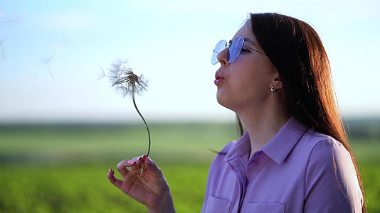 在阳光明媚的日子里一个美丽的年轻女子的肖像在大蓝色的田野里吹拂视频的预览图