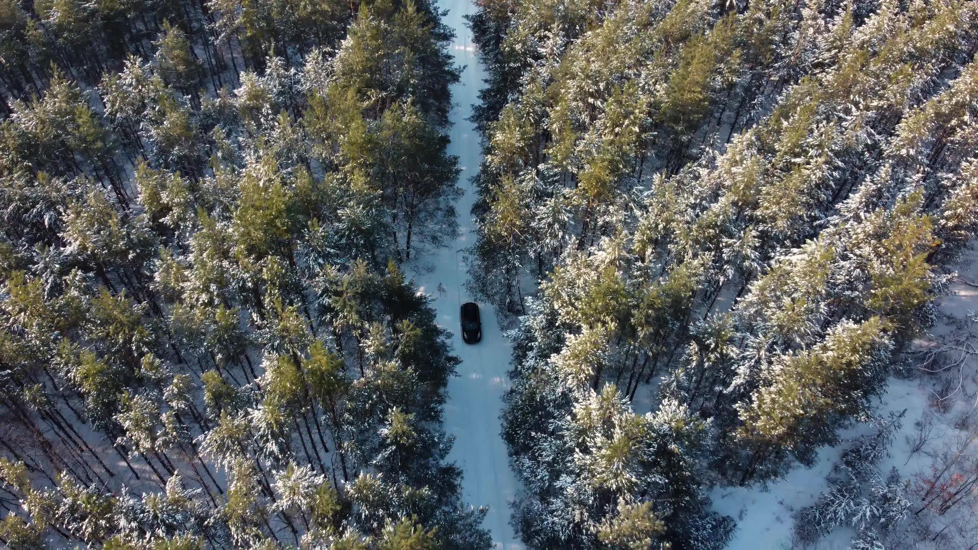 一辆汽车穿过乡村道路上的冬季森林无人驾驶飞机视频的预览图