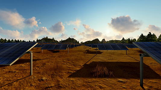 太阳能电池板日落时在山区附近视频的预览图