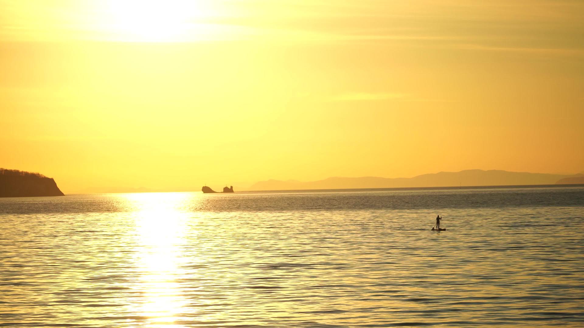 海景岛和树苗板上的人的轮廓印在海面上视频的预览图