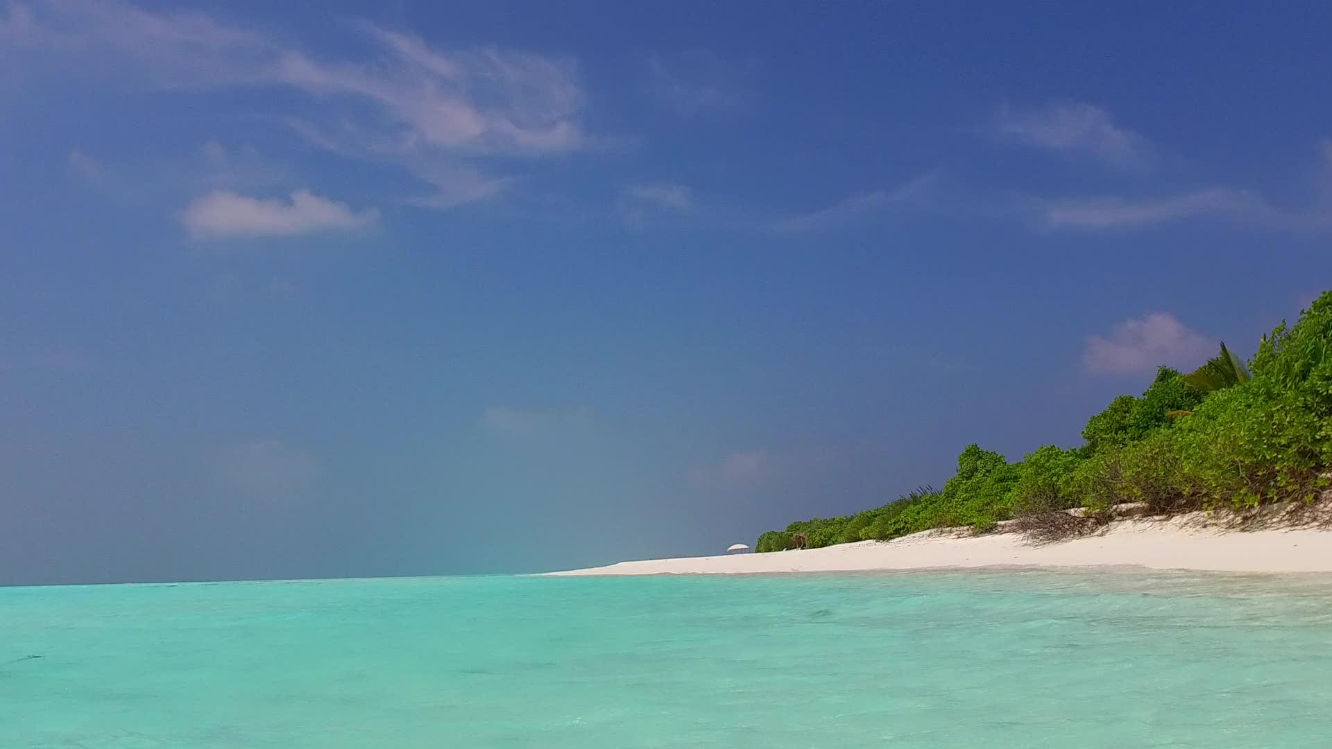蓝色的水棕榈树附近有白色的沙子乘蓝色的水去热带海岸海滩视频的预览图