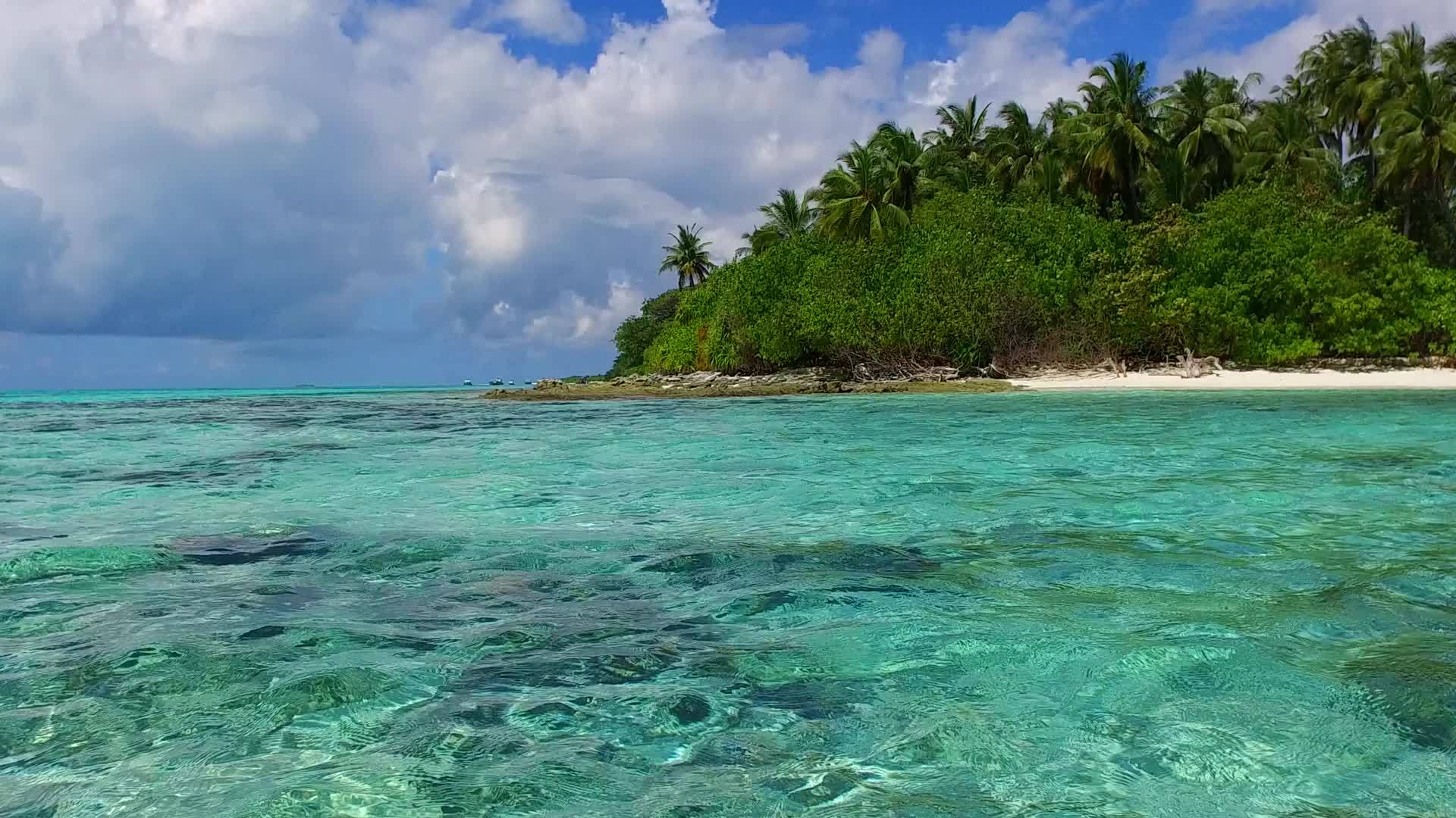 日落前的绿松石海和干净的海滩背景下的热带泻湖海滩航行视频的预览图