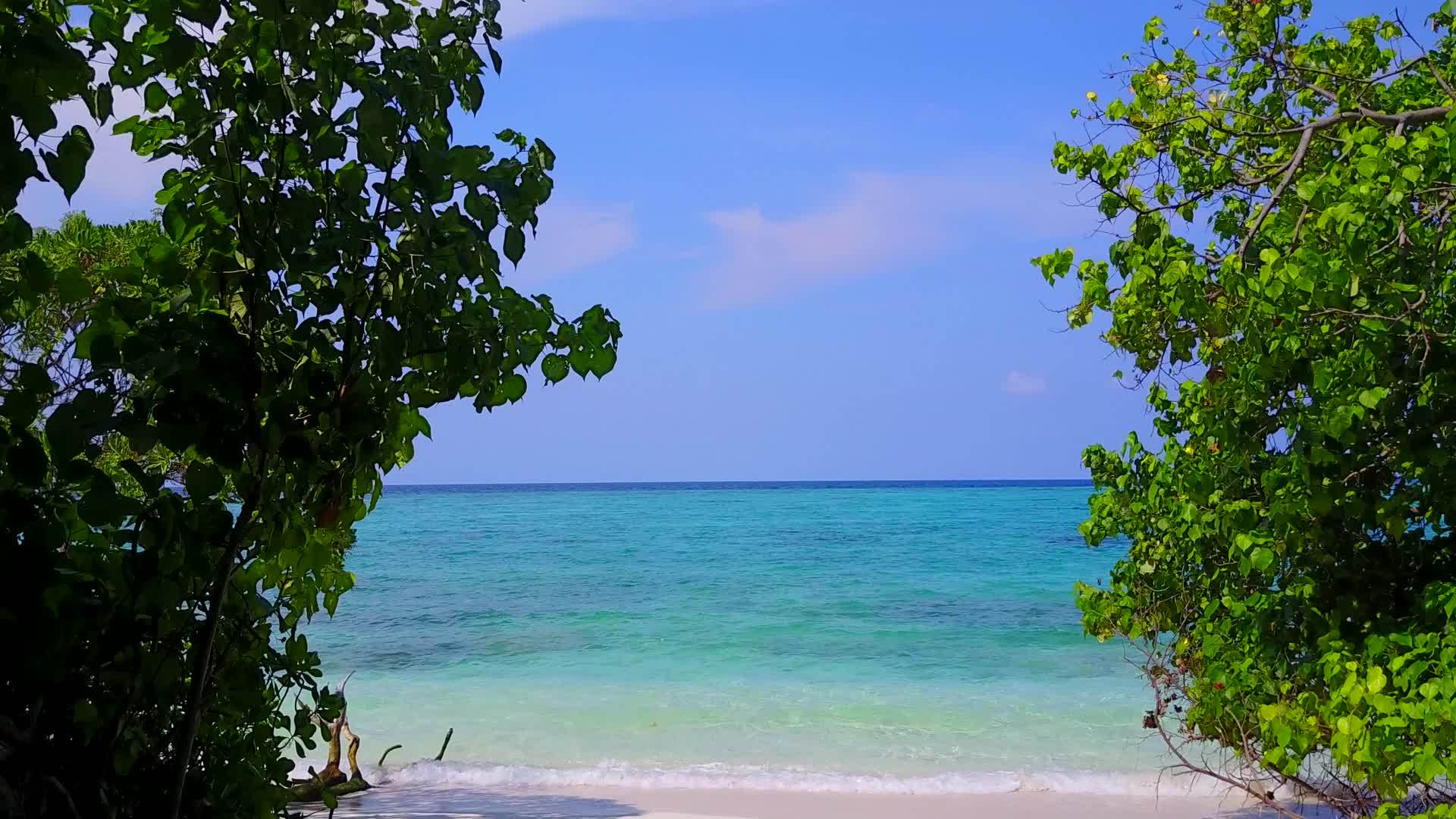 阳光明媚的完美海岸海滩全景在珊瑚礁附近通过清澈的海洋视频的预览图