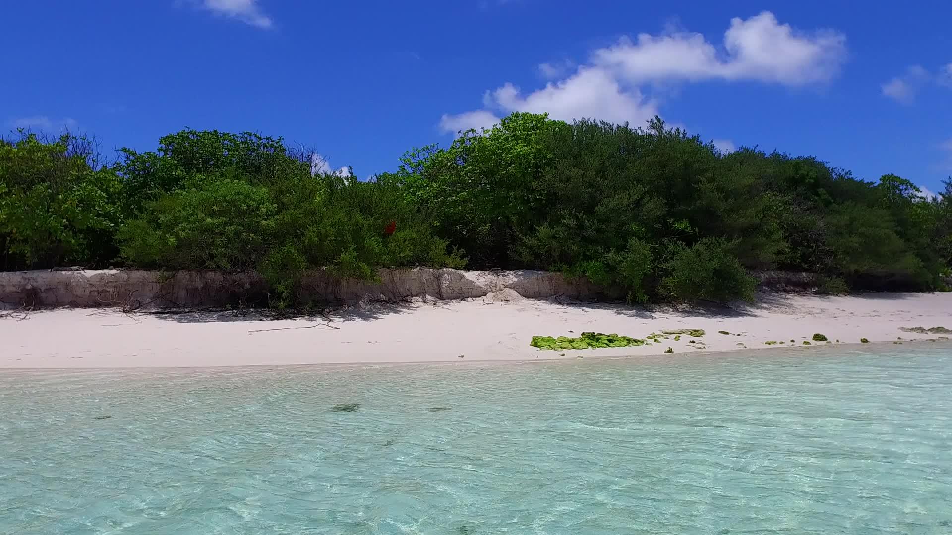 豪华环礁湖海滩在阳光下从绿色海洋和白色沙底浅滩旅行视频的预览图