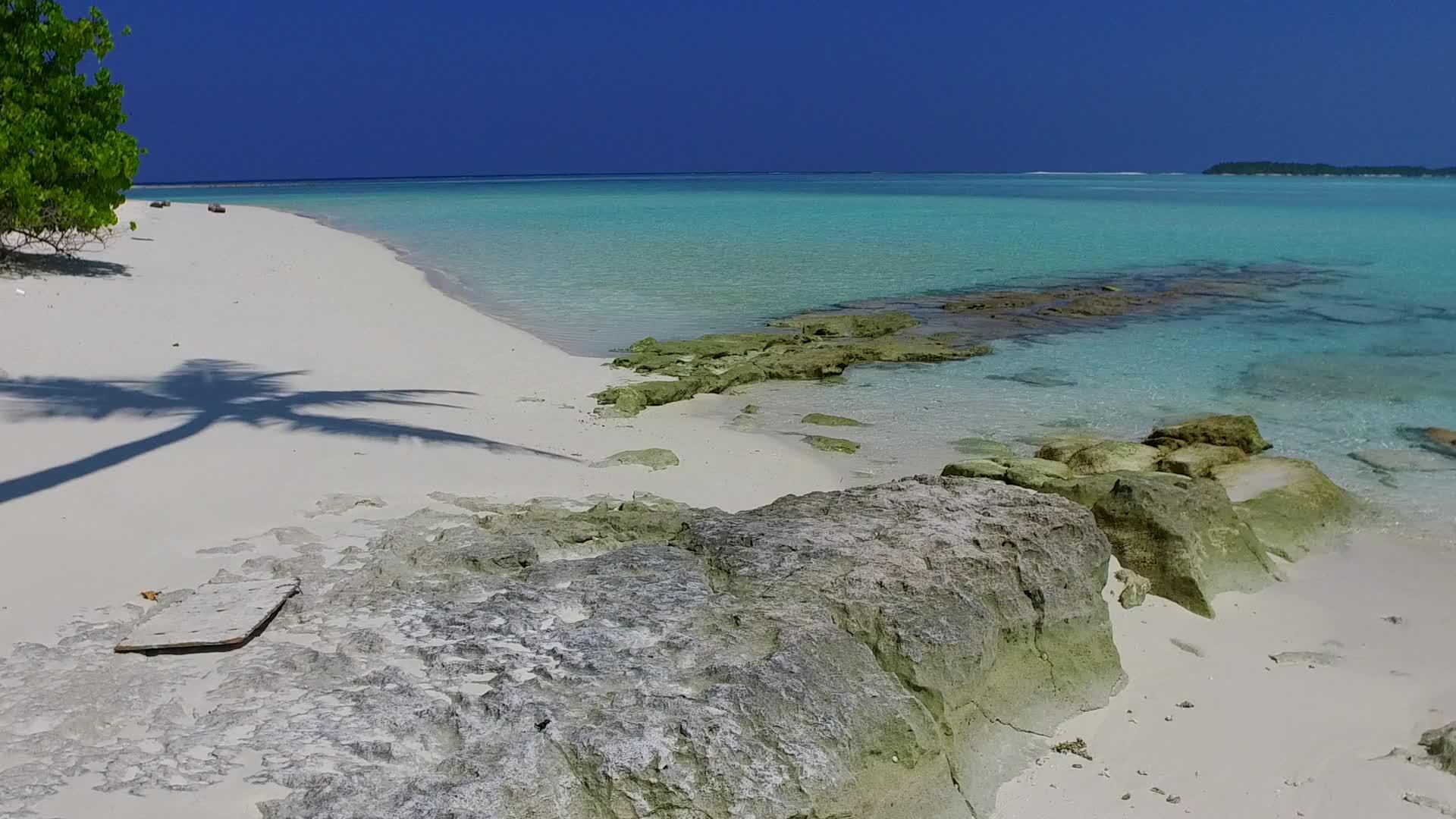 蓝绿色水天堂湾海滩度假日景观靠近白沙棕榈视频的预览图