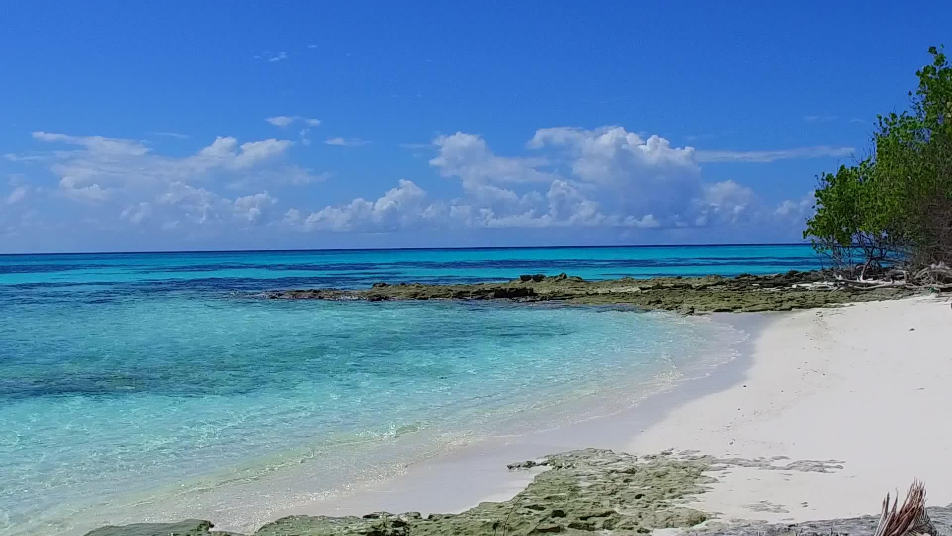 在清水的白沙底背景和冲浪附近在海滩度假胜地度过海滩度假日视频的预览图