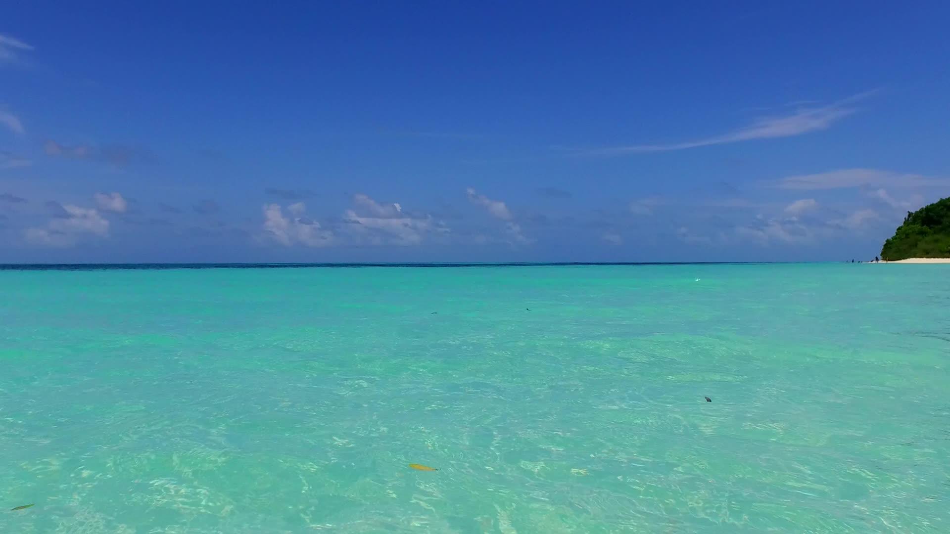 棕榈树附近的透明水和白色海滩背景的海岸海滩时间视频的预览图