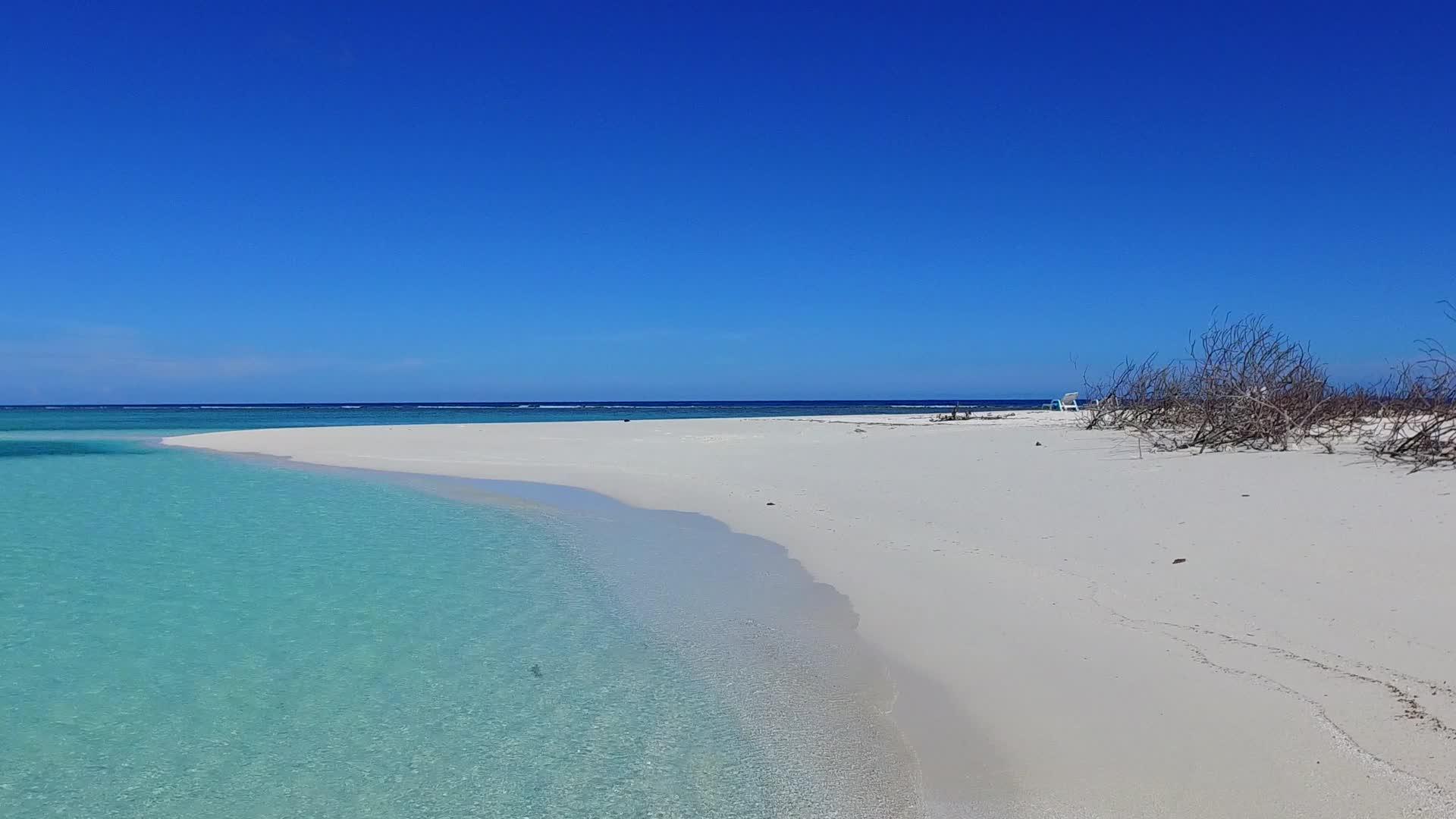 浅滩度假胜地靠近透明的海洋和棕榈树的白色沙底背景视频的预览图