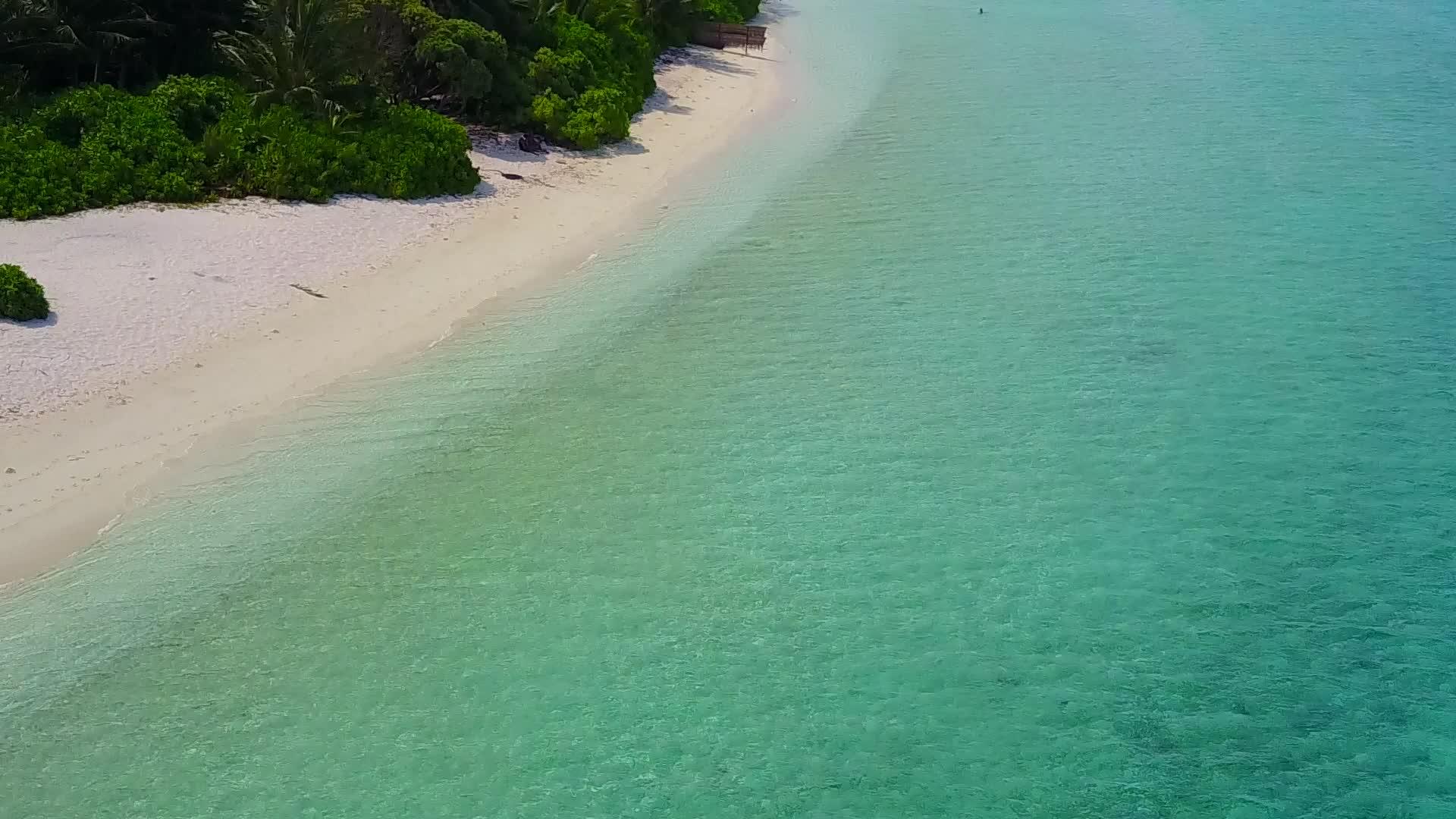阳光明媚的豪华海岸风景海滩被绿色的海洋打破了珊瑚礁视频的预览图