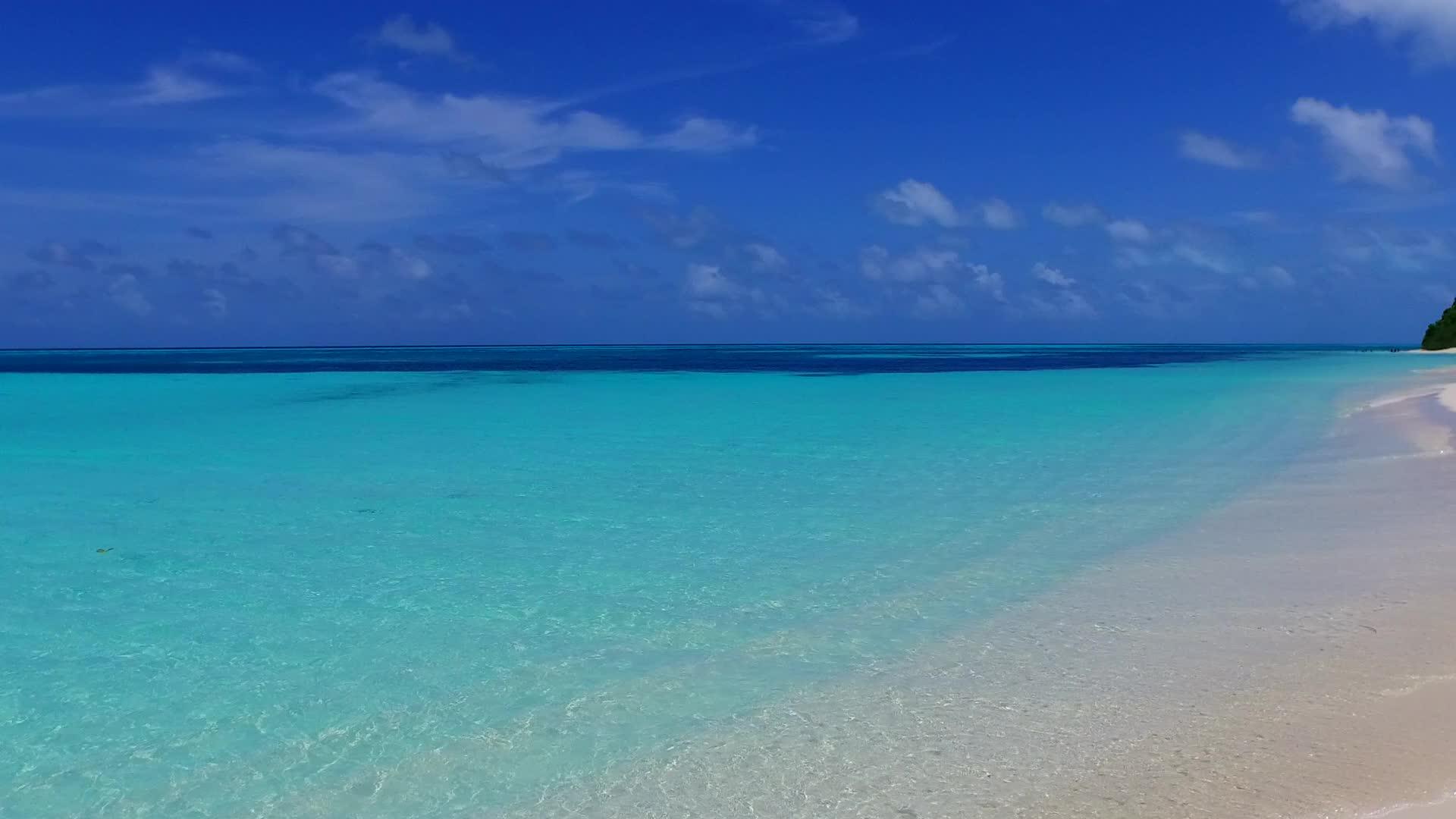 在蓝海和棕榈树附近的白色海滩为背景探索热带海岸线海滩视频的预览图