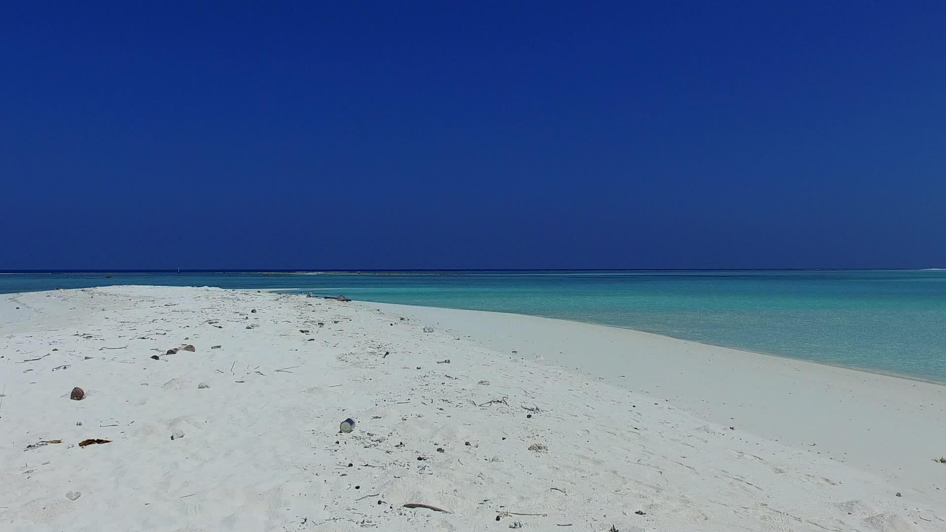 蓝色的海洋和度假村附近明亮的沙质背景轻松享受海滨海滩视频的预览图