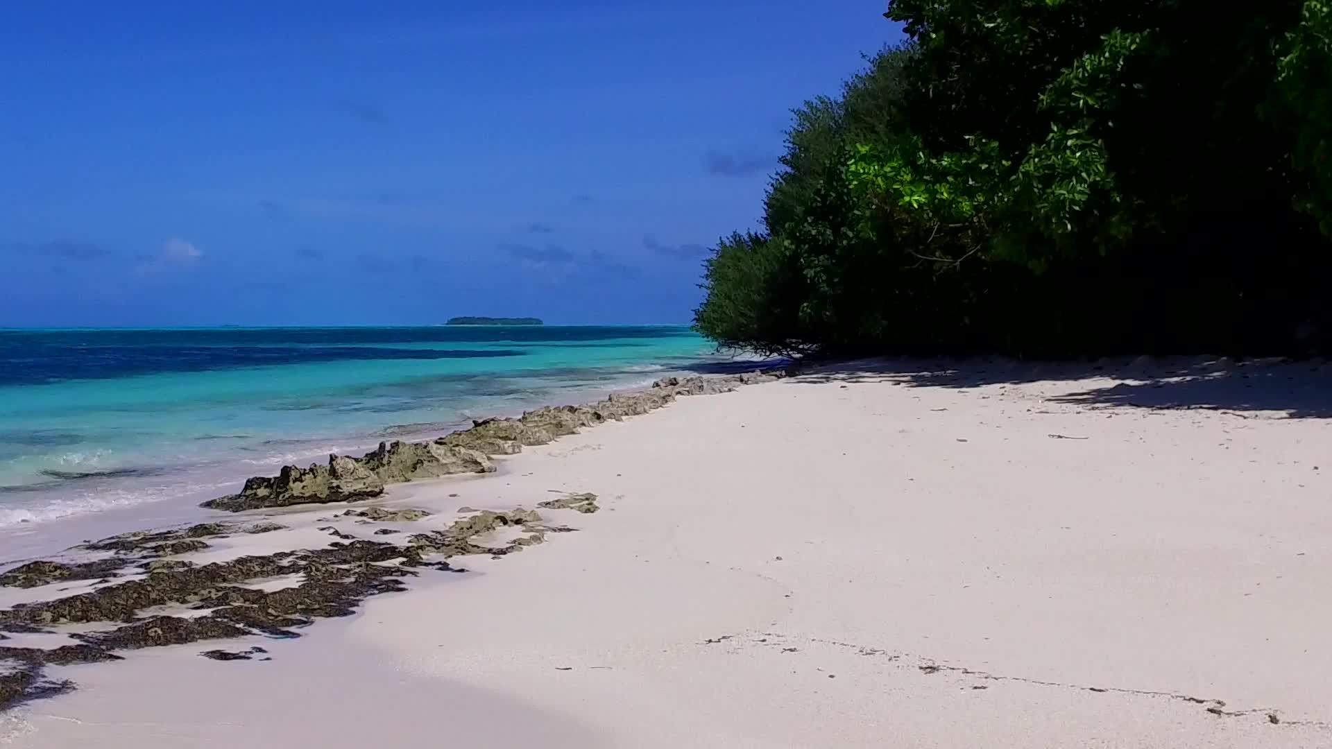 在阳光下用清澈的水和明亮的海滩背景来安静的海岸线视频的预览图