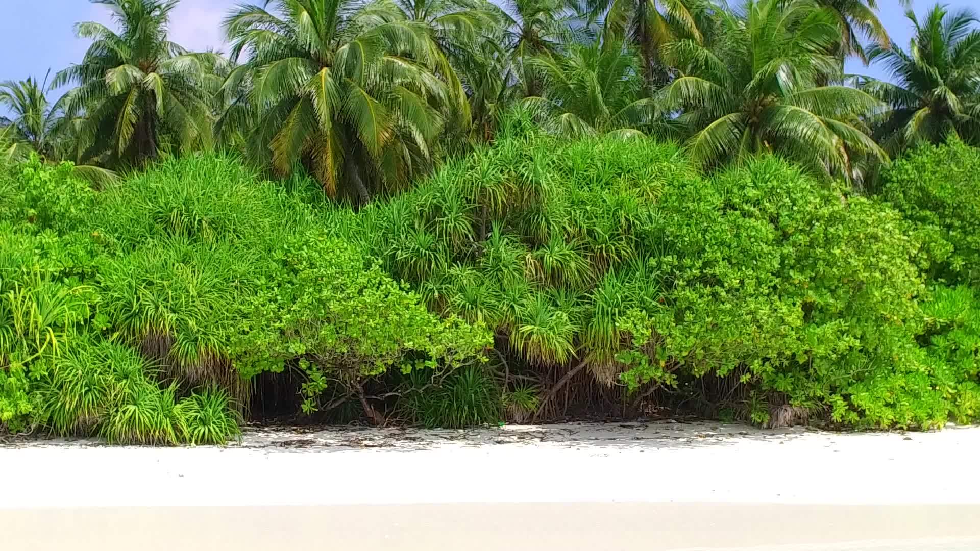 日落前有白色沙滩背景的水蓝环礁湖阳光明媚的旅游游客视频的预览图