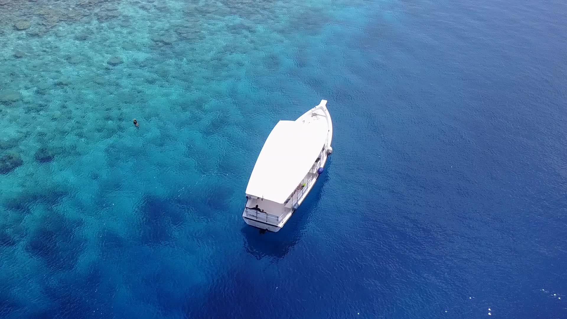 在蓝海和珊瑚礁附近的白沙背景下阳光明媚的宁静海风以蓝海和珊瑚礁为背景视频的预览图