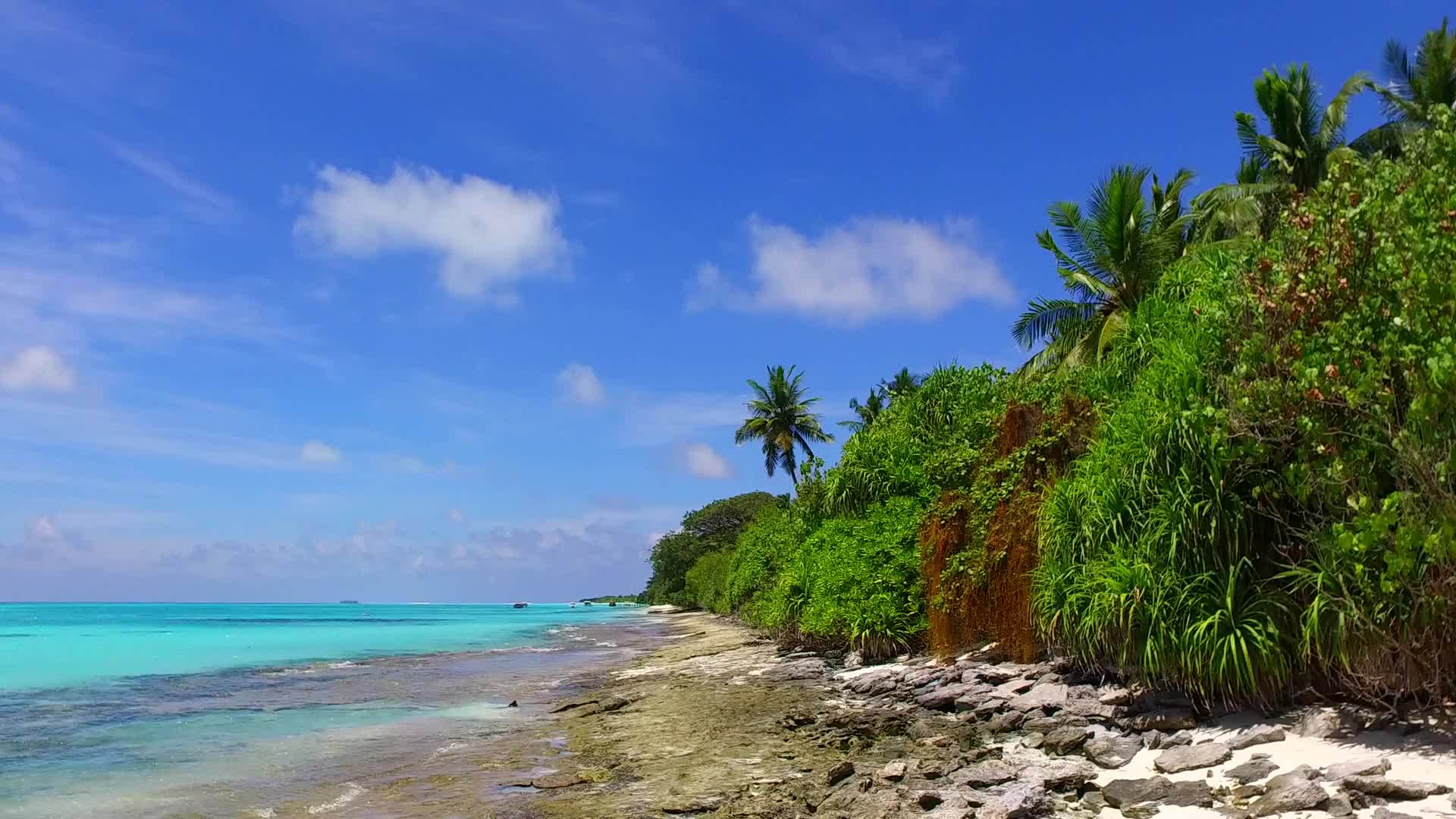在蓝色海洋和干净海滩的背景下度假村附近的海洋和海滩视频的预览图
