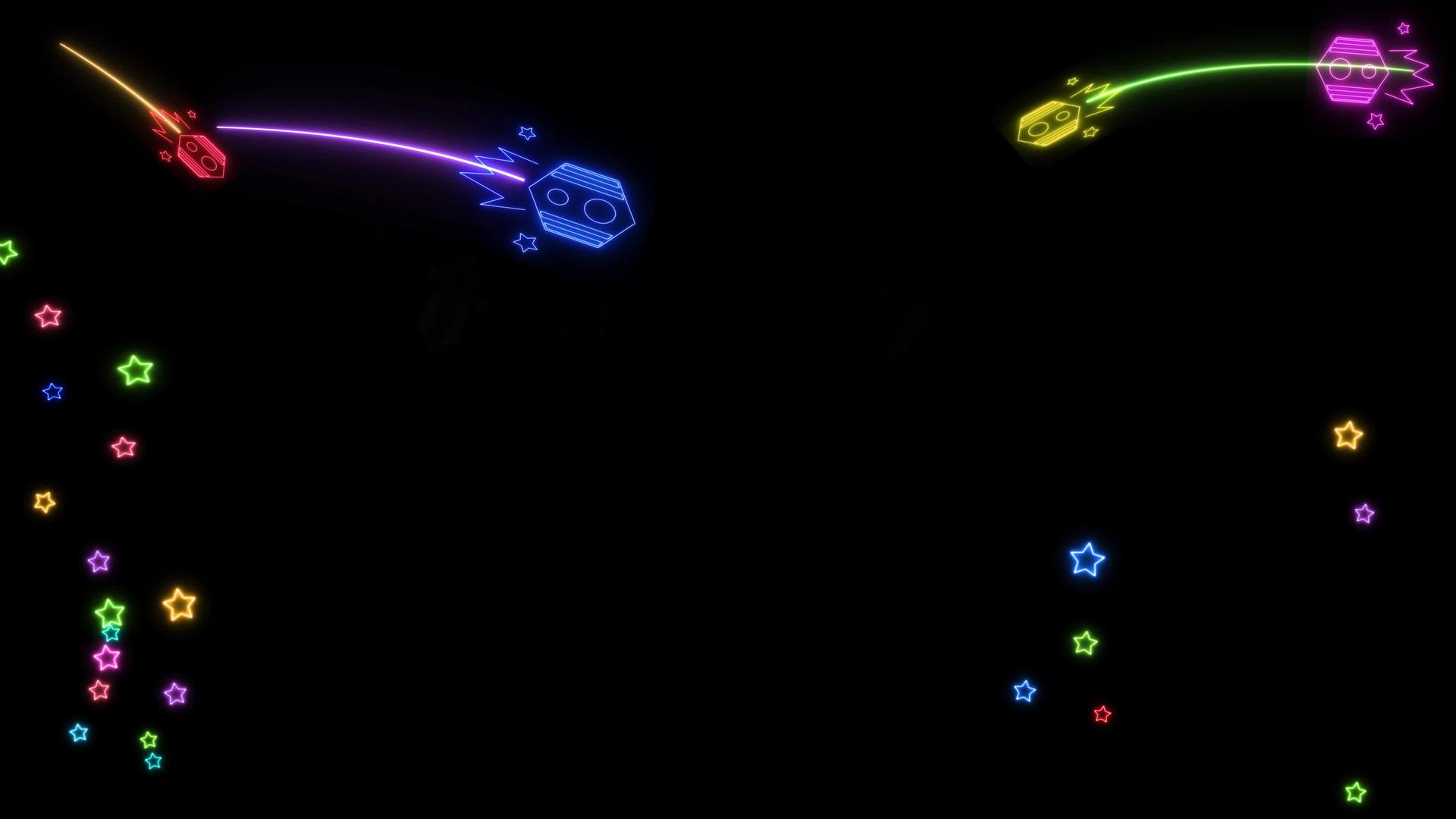 角落里的火箭彩虹百发射器和黑屏上的彩色发光星飞行标志视频的预览图