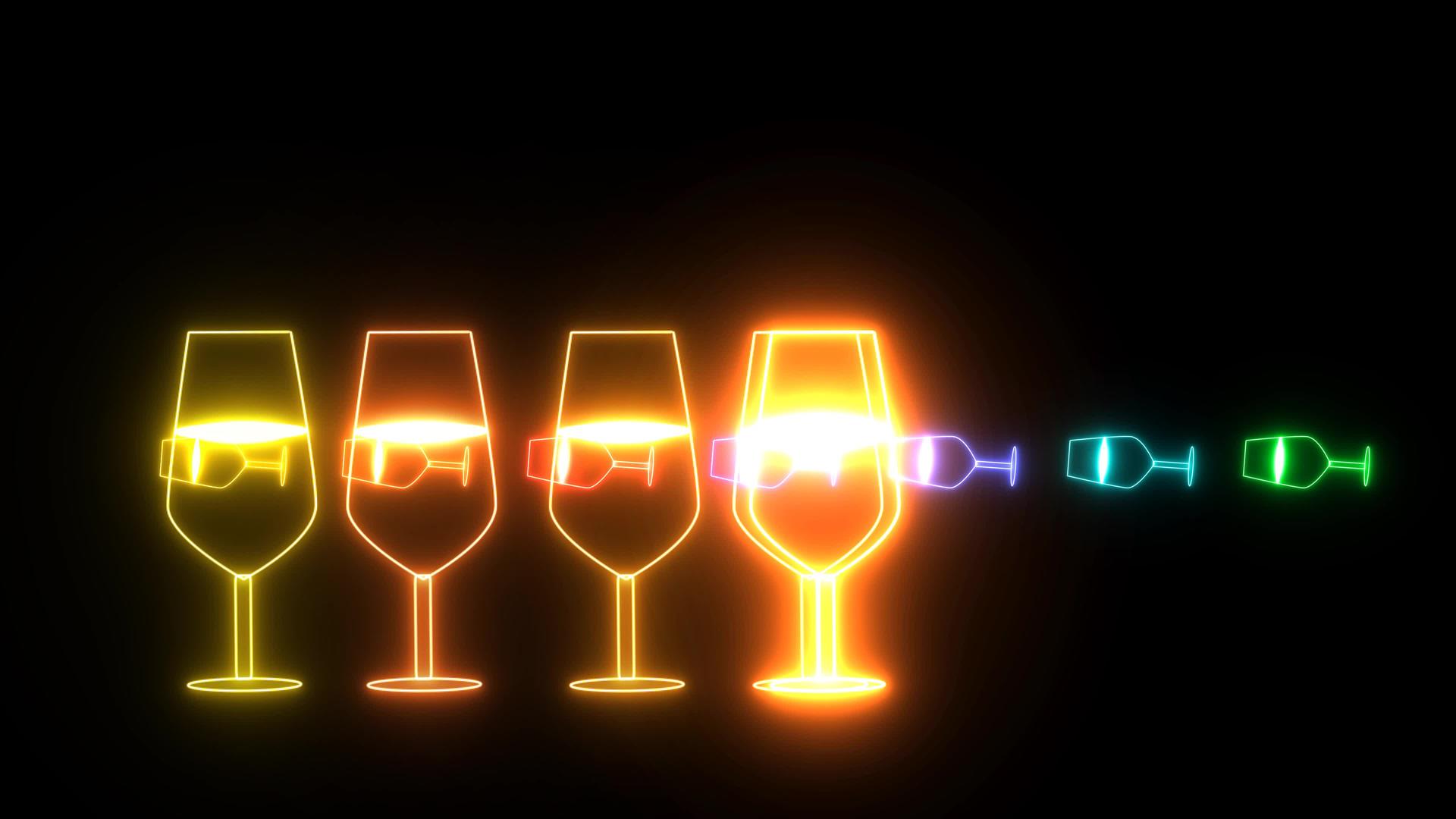 彩虹彩色香槟玻璃舞蹈灯霓虹灯标志元素和黑屏上的彩香槟玻璃舞灯视频的预览图