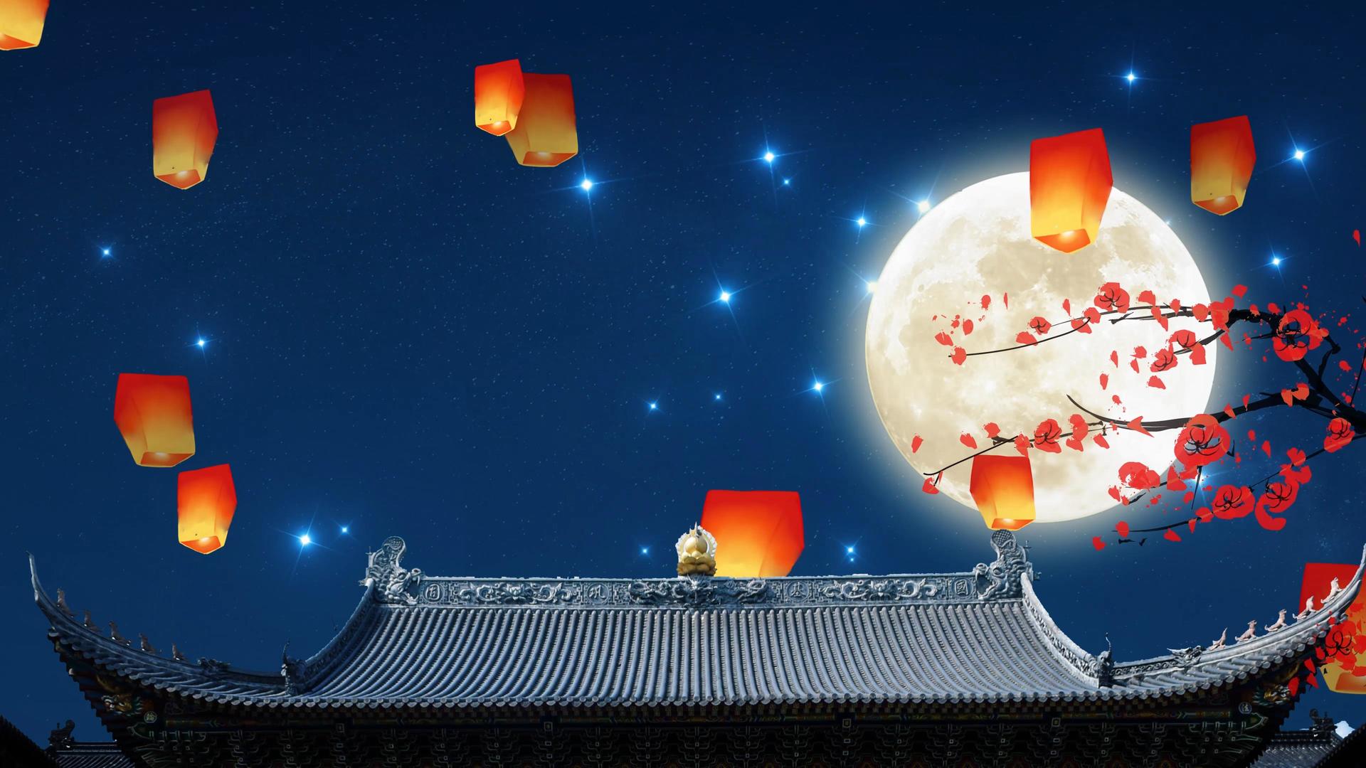 4k古风中秋节赏月许愿灯上升背景视频视频的预览图
