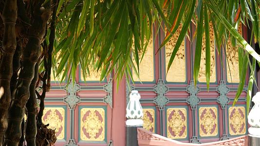 东方寺庙建筑附近的花园树在阳光明媚的日子里在泰国视频的预览图