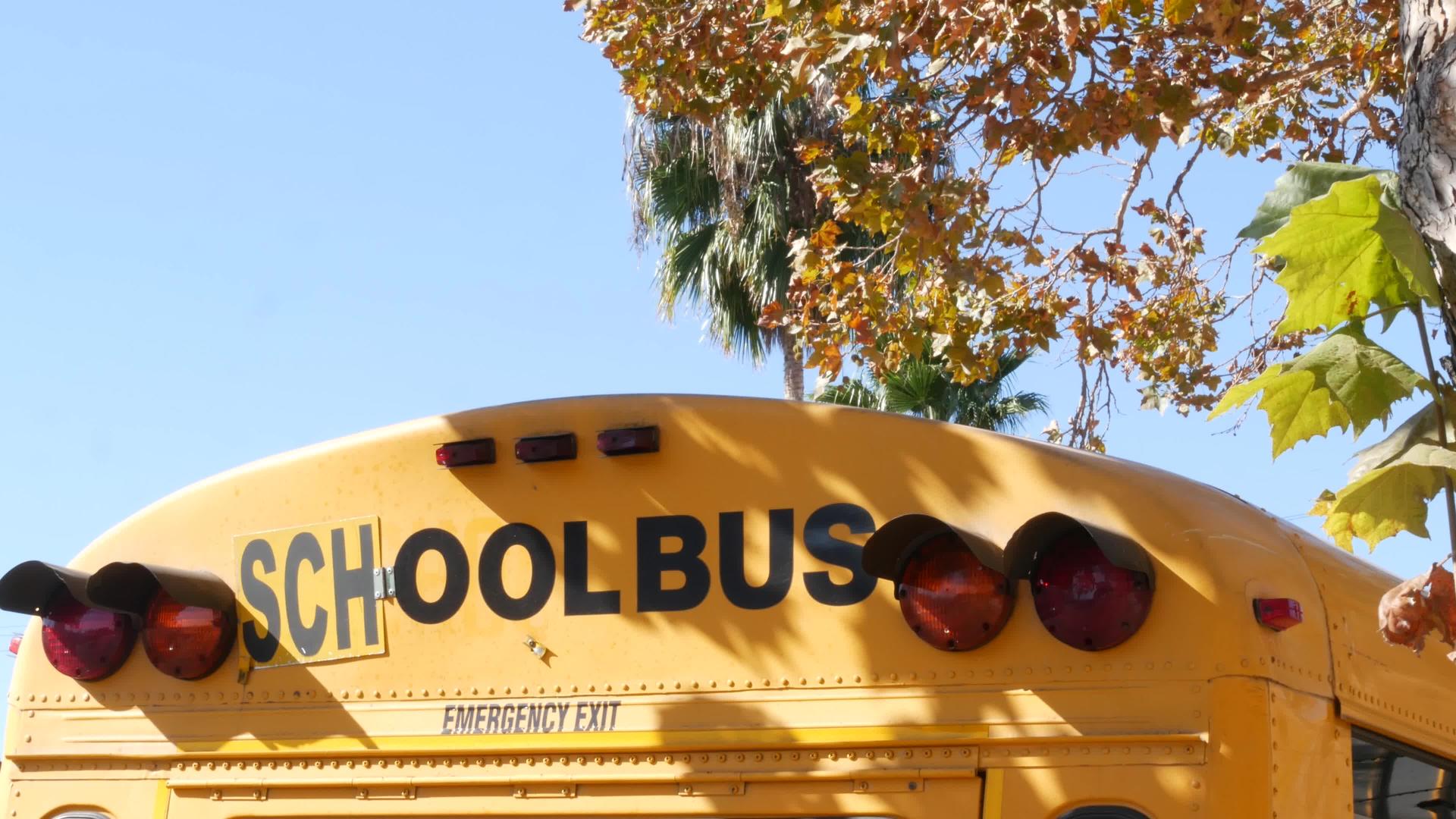 加利福尼亚州洛杉矶学生后视图中的黄色标志性校车视频的预览图