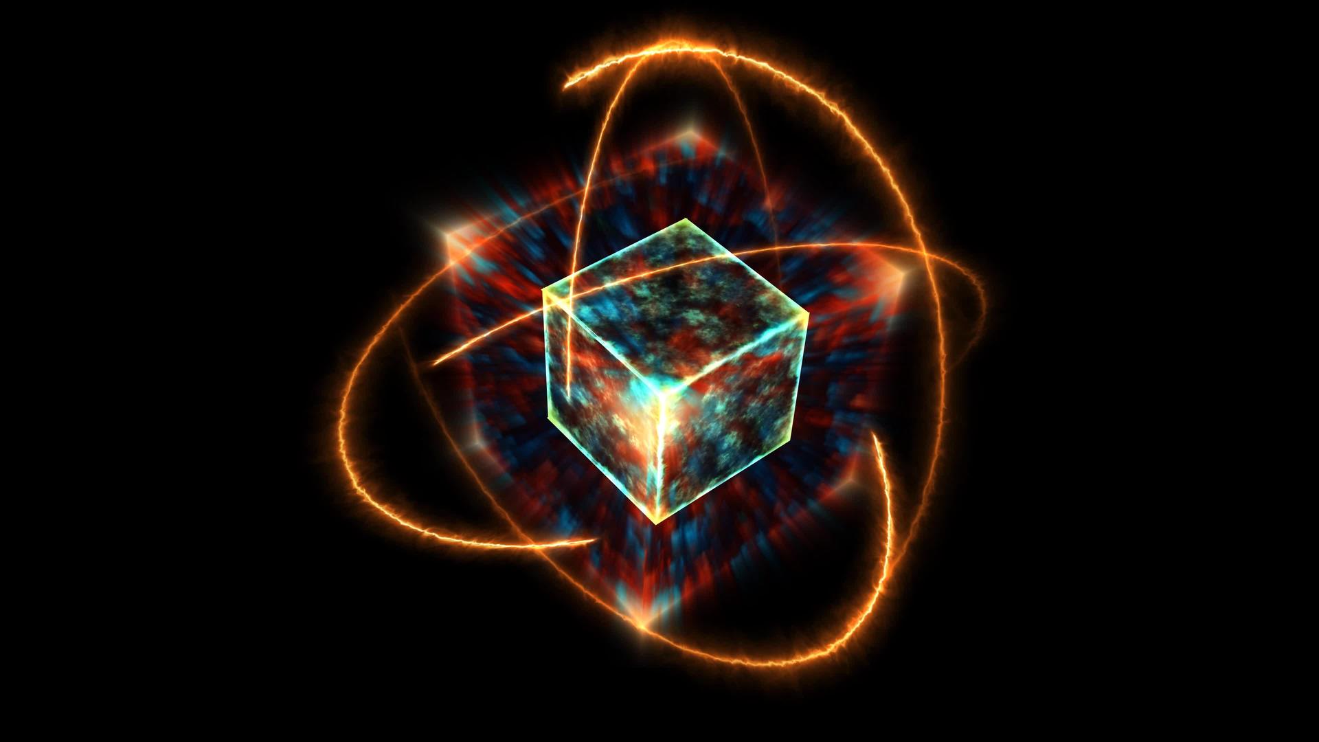 神秘的深蓝色波立方体空心核心能量表面和永恒火焰的原子视频的预览图